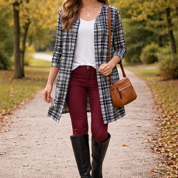 SHEIN Curve Black White Plaid Open Front Cardigan Duster 4XL - Picture 2 of 11